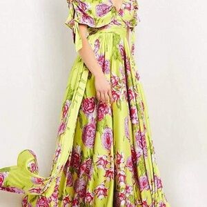 Jovani Vibrant Floral Maxi Dress in Green and Pink